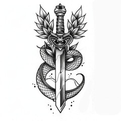 Tattoo design of a sword entwined with a snake and wings, symbolizing power, protection, and transformation.