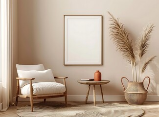 Stylish composition of modern interior design with an armchair, side table and mock up poster frame on a beige wall for home decor