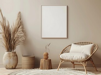 Stylish composition of modern interior design with an armchair, side table and mock up poster frame on a beige wall for home decor