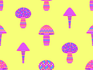 Mushrooms with geometric pattern and black outline. Mushrooms seamless pattern. Geometric figures of different shapes. Design for wallpapers, banners, wrappers and covers. Vector illustration