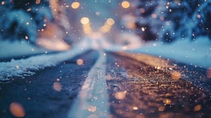  Winter road with snow and blurred bokeh lights in the background