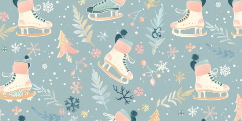  Winter Seamless Pastel Pattern with Skates.