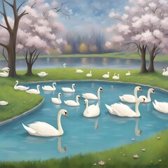 April pool day the morning a flock of swans a peaceful landscape by AI