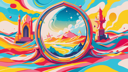 Obraz premium Vibrant Fantasy Landscape with Mirror Portal and Castles Illustration