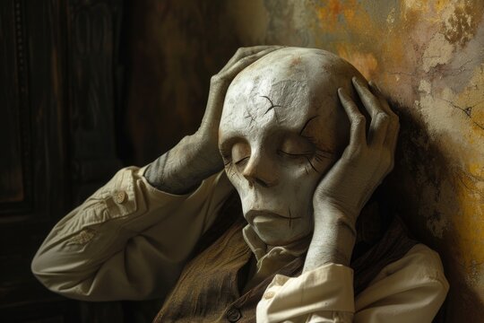 Creepy looking man with a white face and hands on his head