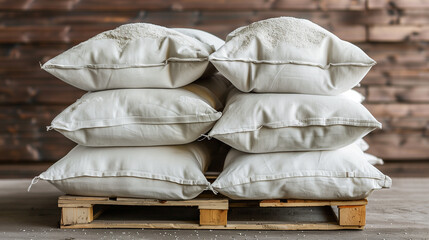 Pile of white sacks on a pallet in a warehous. Neatly arranged white sacks on a wooden pallet against a brown wall. bags are organized meticulously, creating an orderly and efficient storage system.