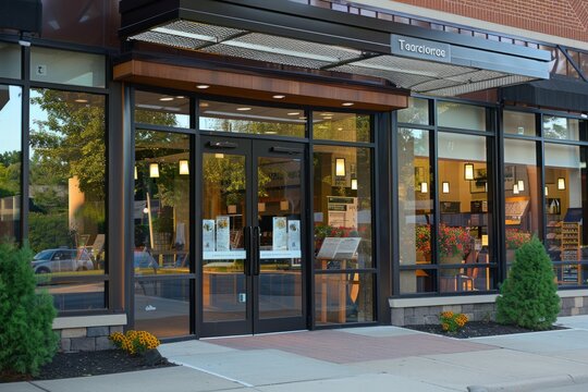 Professional Photography of a company storefront or office entrance featuring prominent branding elements, Generative AI