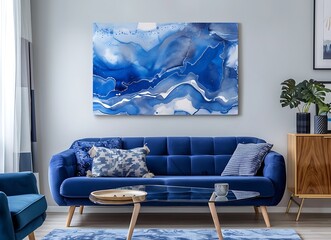 Stylish living room interior with blue and white abstract painting on the wall, modern design sofa, glass coffee table and wooden sideboard