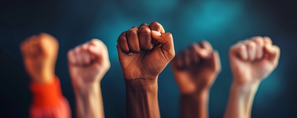 Unity and empowerment symbolized by raised fists in the air