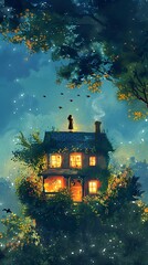 girl standing on the roof of a house looking at the starry night