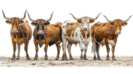 Obraz premium Four longhorn cows standing in a row, showcasing their majestic horns and diverse coat patterns on a white background.