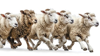 Fototapeta premium Group of sheep running in a line, isolated on white background. Energetic and dynamic farm animals in motion.