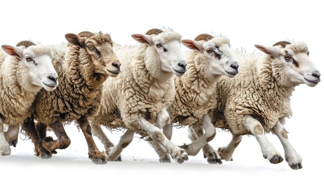 Group of sheep running in a line, isolated on white background. Energetic and dynamic farm animals in motion.