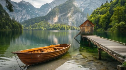 Obraz premium Wooden boat on a mooring mountain lake. Wooden boat parked next to a old wooden dock with mountains on background
