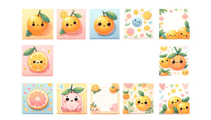 watercolor set of empty cute sticky notes Oranges isolated on transparent background