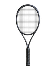 High-quality black tennis racquet with grid strings and ergonomic handle, ideal for professional and recreational use. isolated PNG transparent background