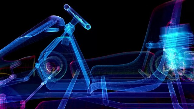 Karting car. Low poly wireframe Polygonal Video Footage with connected dots and blue bright light model Kart.