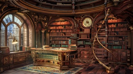 Obraz premium Elegant vintage library with ornate wooden furniture, a large desk, and a spiral staircase, surrounded by tall bookshelves and a large arched window.