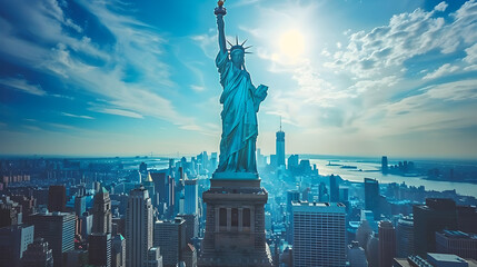 Spectacular cityscape of New York City featuring the iconic landmark of the Liberty Statue in Manhattan, symbolizing freedom and national pride. Perfect for tourism and travel promotions.