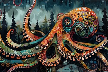 Obraz premium octopus in forest native art