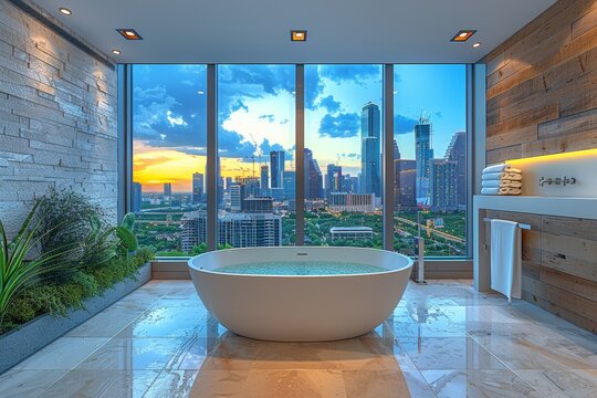 Sleek city-view bathroom design with sunset skyscraper backdrop