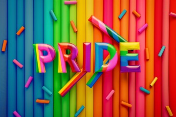 Fototapeta premium Colorful pride lettering with vibrant rainbow textures celebrating unity and diversity in a bright dynamic illustration