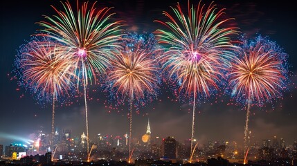 Fototapeta premium Spectacular fireworks display over a city skyline at night