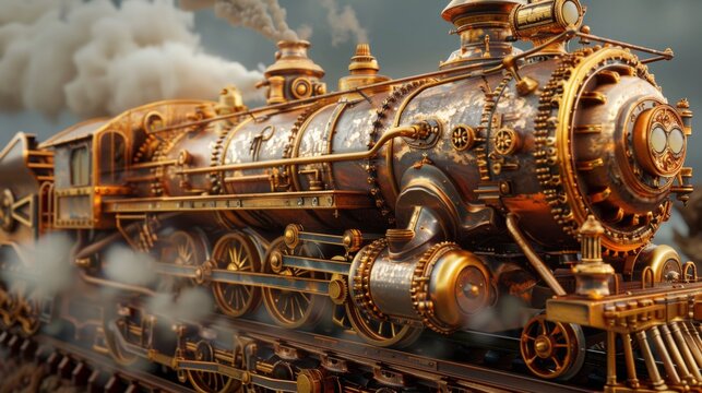 Vintage steampunk train with metallic details and gears, emitting steam clouds, in an industrial retro-futuristic setting.