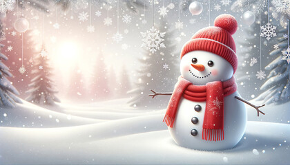 Fototapeta premium Cheerful Snowman in Winter Wonderland.