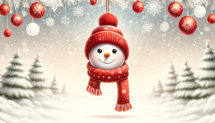 Cheerful Snowman Ornament in Winter Scene.