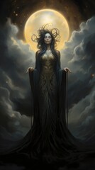 Obraz premium Enigmatic Moon: Mysterious Figure in Tarot Art with Glowing Eyes and Moonlit Aura Against Night Clouds - Digital Portrait Illustration