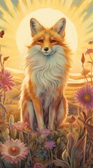 Fototapeta premium Mystical Tarot Art: Joyful Fox as The Sun in Enchanting Meadow