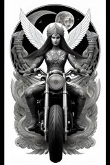 Fototapeta premium an illustration of a fictional woman, goddess, character riding a motorcycle