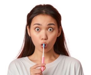 Surprised Asian Woman Brushing Teeth on Transparent Background