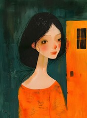 Woman with Black Hair Looking at the Door