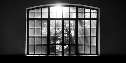 Monochrome Window View With Dramatic Silhouette Of Trees. Generative AI