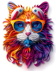 Fototapeta premium A colorful cat with a pair of sunglasses on its face. The cat's fur is wild and colorful, and it has a playful and fun vibe. The sunglasses add a touch of whimsy and style to the cat's appearance