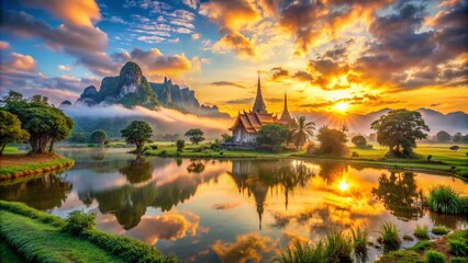 Fototapeta premium Beautiful temple in Thailand at sunset time