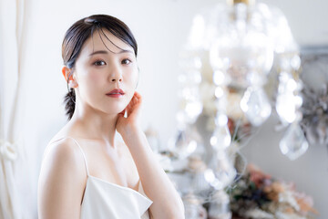 Luxurious woman smiling in a dress Image of a pre-wedding photo shoot and beauty Image of an ennui...