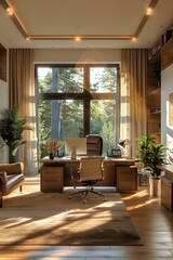 Home office interior with large windows and a view of the forest