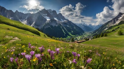 Fototapeta premium meadow with flowers Idyllic mountain landscape in the Alps with blooming meadows in springtime