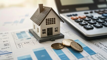 Close up of a calculator and a mini house model on top of financial documents. Financial analysis concept