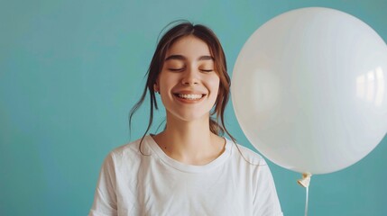 Naklejka premium Portrait of a beautiful woman in white t-shirt smiling and holding a white helium balloon on blue background