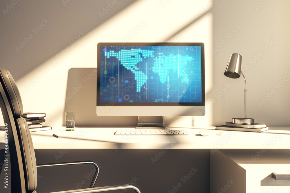 Aufkleber Computer monitor with abstract creative digital world map, globalization concept. 3D Rendering