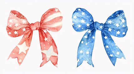Festive watercolor artwork featuring patriotic ribbon bows for Independence Day.