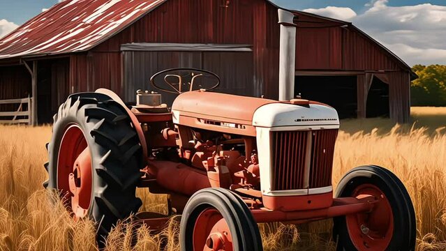 A tractor in front of a red barn on a farm