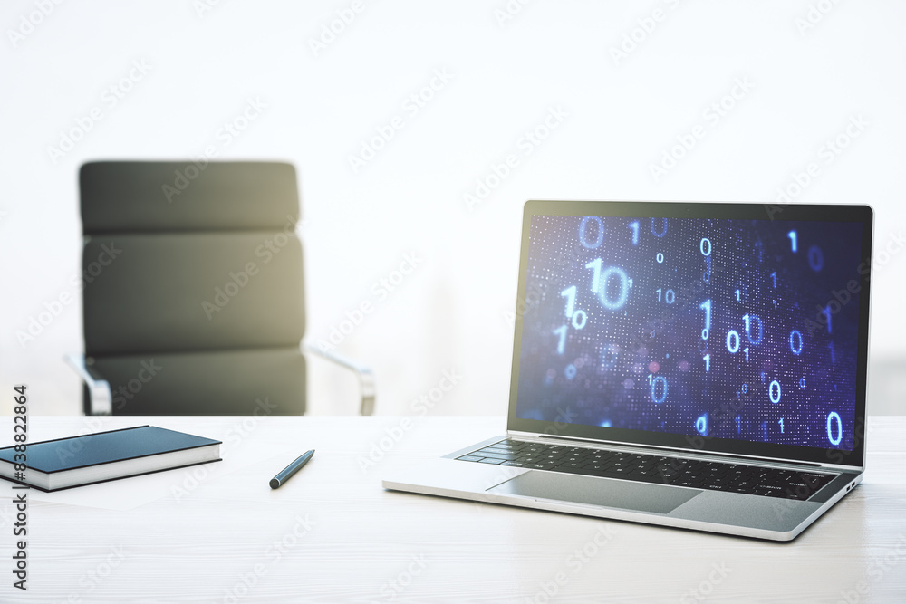 Aufkleber Modern computer monitor with creative abstract binary code hologram. Database and programming concept. 3D Rendering