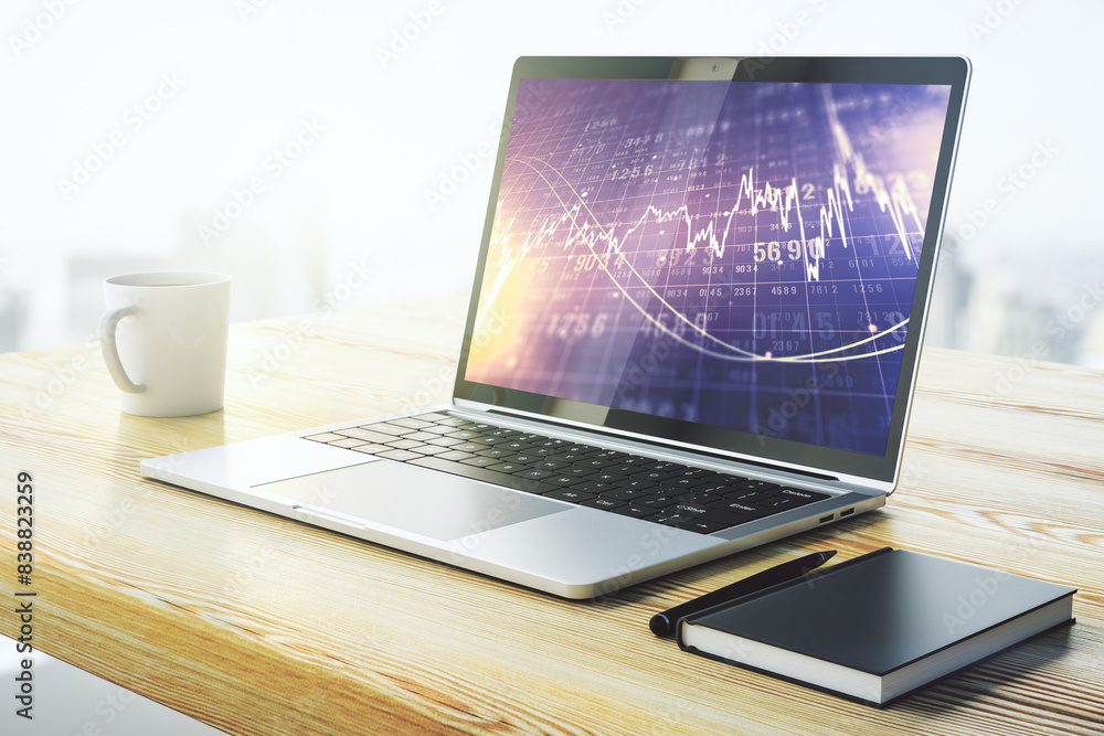 Poster Modern computer display with abstract financial graph, financial and trading concept. 3D Rendering