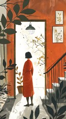 A woman standing in front of a door