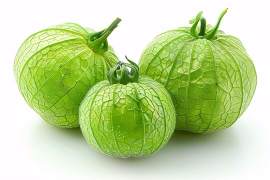 Vibrant tomatillo with husk, alone on white background.